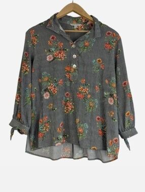 John Mark Striped Floral Button Front Blouse Roll Tab Sleeves Petite Large